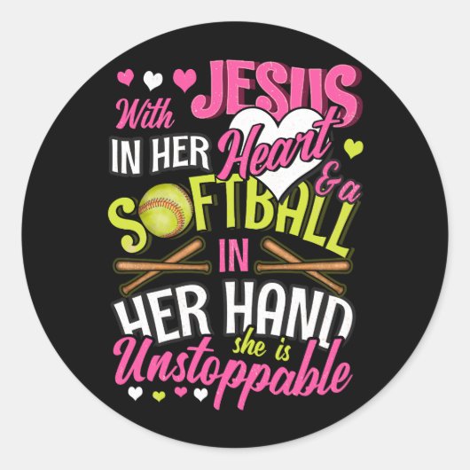 Jesus in ihrem Herzen Softball in ihrer Hand ist s Runder Aufkleber (Vorderseite)
