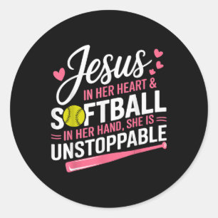 Jesus in ihrem Herzen und Softball in ihrer Hand S Runder Aufkleber