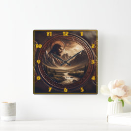 Jesus in majestätischer Berglandschaft bei Dämmeru Quadratische Wanduhr