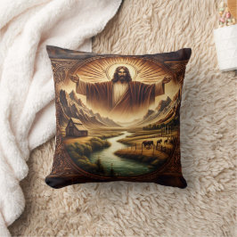Jesus in majestätischer Landschaft bei Sonnenaufga Kissen