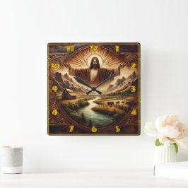 Jesus in majestätischer Landschaft bei Sonnenaufga Quadratische Wanduhr