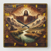 Jesus in majestätischer Landschaft bei Sonnenaufga Quadratische Wanduhr (Vorderseite)