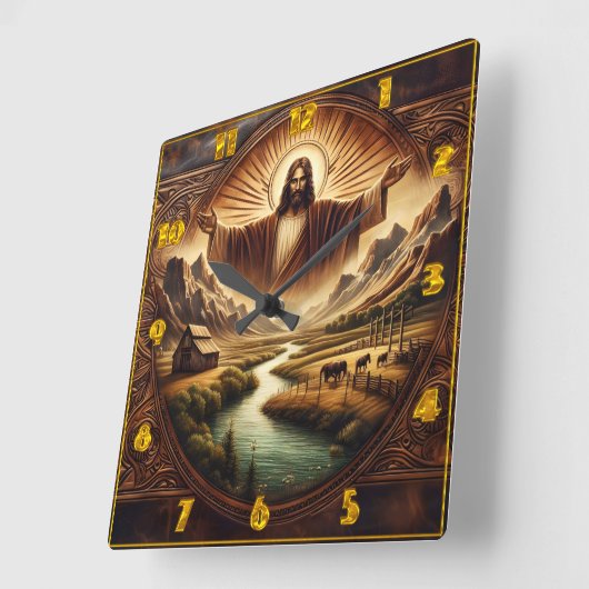 Jesus in majestätischer Landschaft bei Sonnenaufga Quadratische Wanduhr (Winkel)