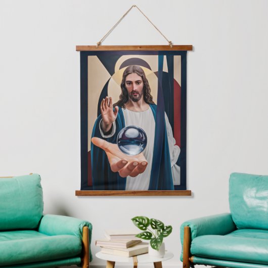 Jesus in neokubistischer Elegance Modernes Abstrak Wandteppich Mit Holzrahmen (Wohnzimmer)