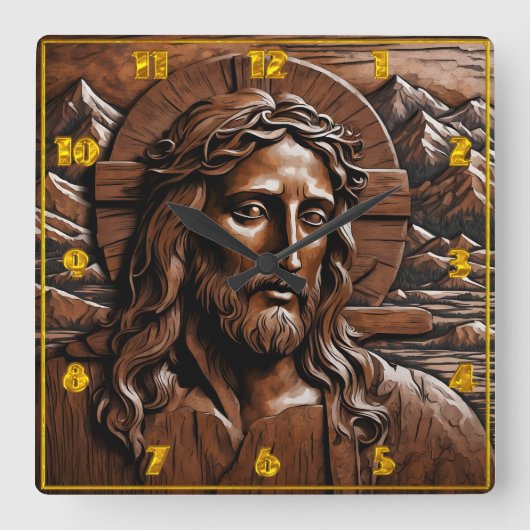 Jesus in Wäldern, umgeben von Bergen Quadratische Wanduhr (Vorderseite)