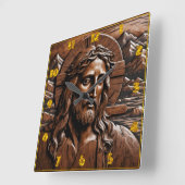 Jesus in Wäldern, umgeben von Bergen Quadratische Wanduhr (Winkel)