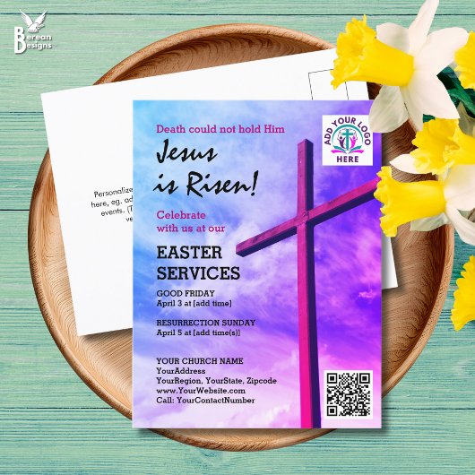 JESUS IS RISEN Logo QR Code Church Services EASTER Einladungspostkarte