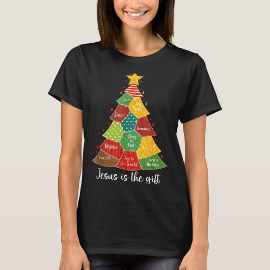Jesus Is The Gift Christmas Tree Patchwork Scriptu T-Shirt (Vorderseite)