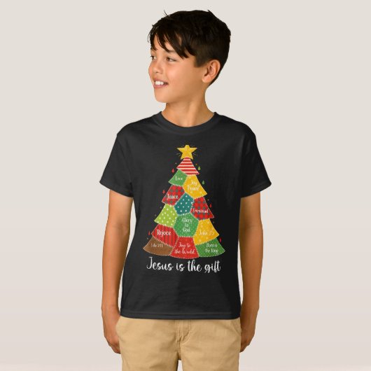 Jesus Is The Gift Christmas Tree Patchwork Scriptu T-Shirt (Vorne ganz)