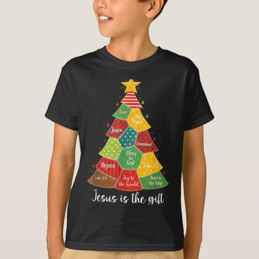 Jesus Is The Gift Christmas Tree Patchwork Scriptu T-Shirt (Vorderseite)