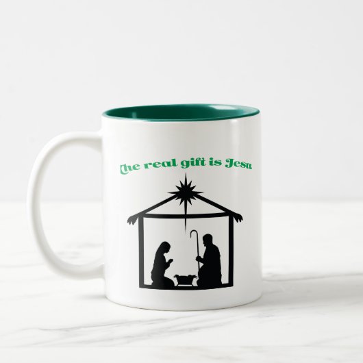 Jesus ist das wahre Geschenk Weihnachtskrippe Zweifarbige Tasse (Links)