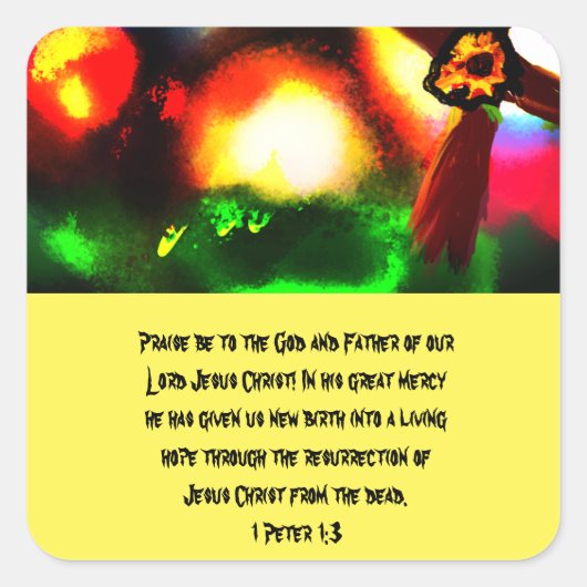 Jesus ist hier Holzkastenschild, quadratischer Pap Aufkleber (Vorderseite)