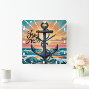 Jesus ist mein Anchor Waves Sunset Quadratische Wanduhr