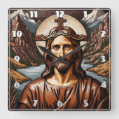 Jesus ist von Bergen und Fluss umgeben Quadratische Wanduhr (Vorderseite)