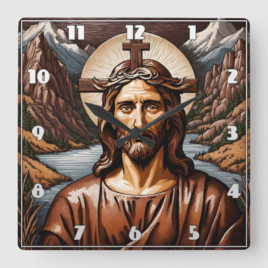 Jesus ist von Bergen und Fluss umgeben Quadratische Wanduhr (Vorderseite)