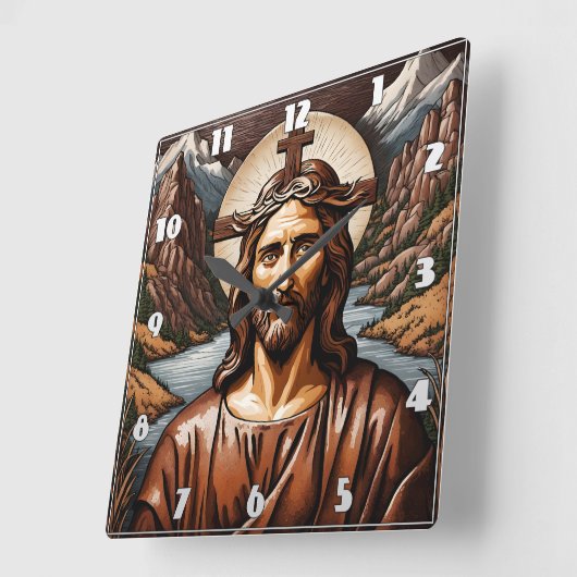 Jesus ist von Bergen und Fluss umgeben Quadratische Wanduhr (Winkel)