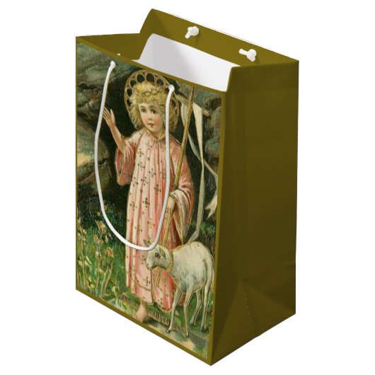 Jesus-Jungen-Kinderkreuz-Lamm-Ostern-Blumen Mittlere Geschenktüte (Vorderseite Schrägansicht)
