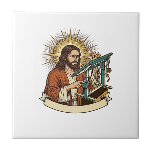 Jesus kaputter Stehschreibtisch steckt auf halbem Fliese (Vorderseite)