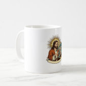 Jesus kaputter Stehschreibtisch steckt auf halbem Kaffeetasse (Vorderseite Links)