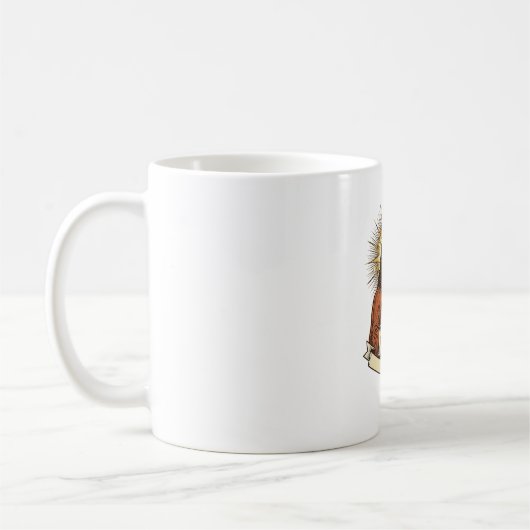 Jesus kaputter Stehschreibtisch steckt auf halbem Kaffeetasse (Links)