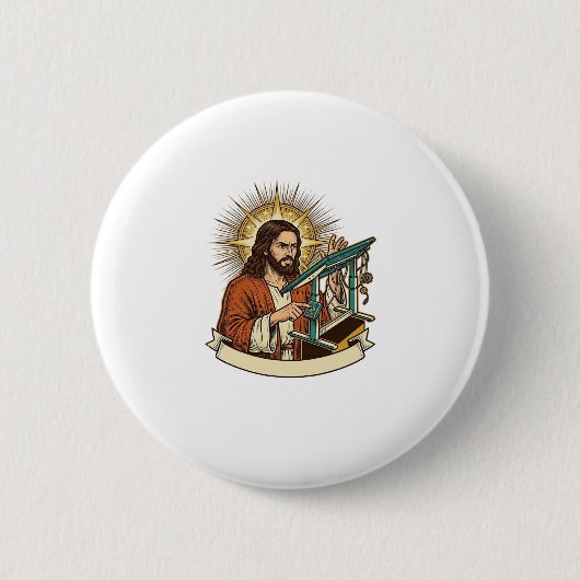 Jesus kaputter Stehschreibtisch steckt halb im Bür Button (Vorderseite)