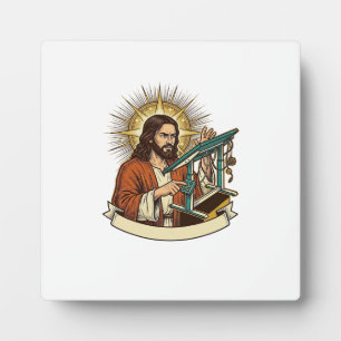 Jesus kaputter Stehschreibtisch steckt halb im Bür Fotoplatte