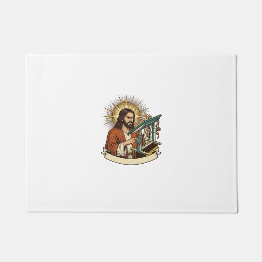Jesus kaputter Stehschreibtisch steckt halb im Bür Fußmatte (Vorderseite)