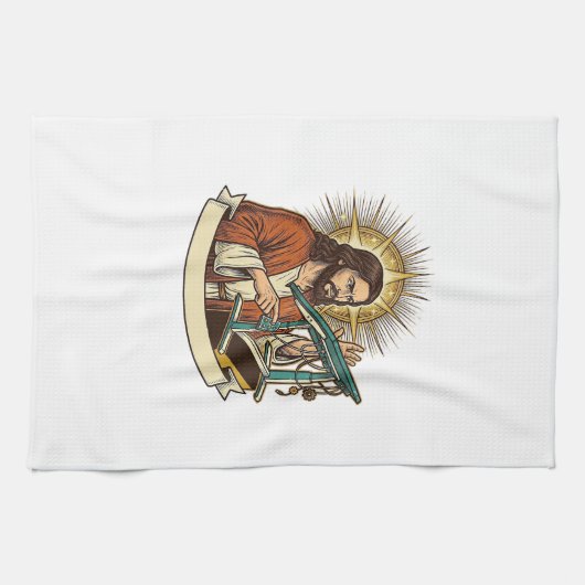 Jesus kaputter Stehschreibtisch steckt halb im Bür Geschirrtuch (Horizontal)