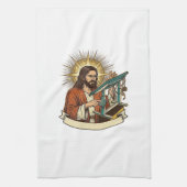Jesus kaputter Stehschreibtisch steckt halb im Bür Geschirrtuch (Vertikal)