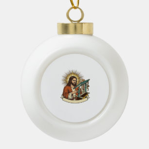 Jesus kaputter Stehschreibtisch steckt halb im Bür Keramik Kugel-Ornament