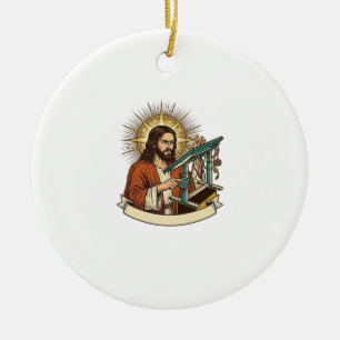 Jesus kaputter Stehschreibtisch steckt halb im Bür Keramik Ornament