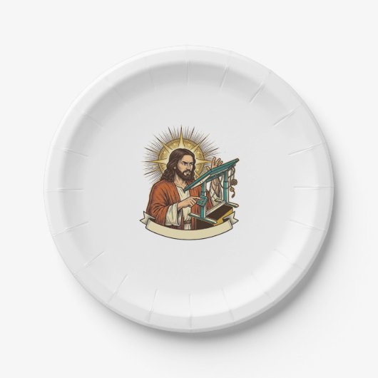 Jesus kaputter Stehschreibtisch steckt halb im Bür Pappteller (Vorderseite)