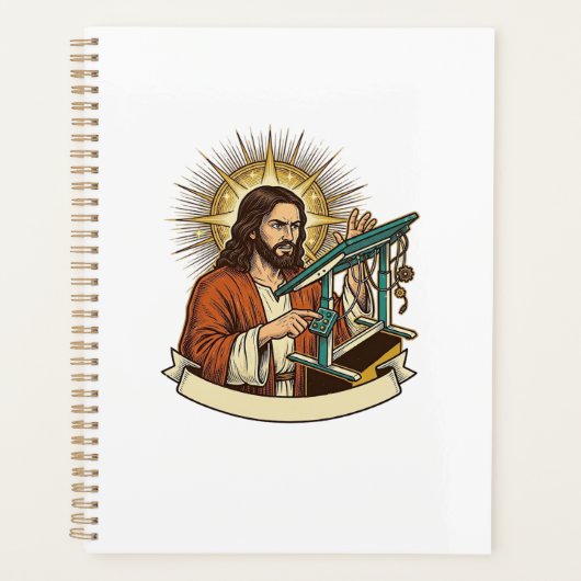 Jesus kaputter Stehschreibtisch steckt halb im Bür Planer (Vorderseite)