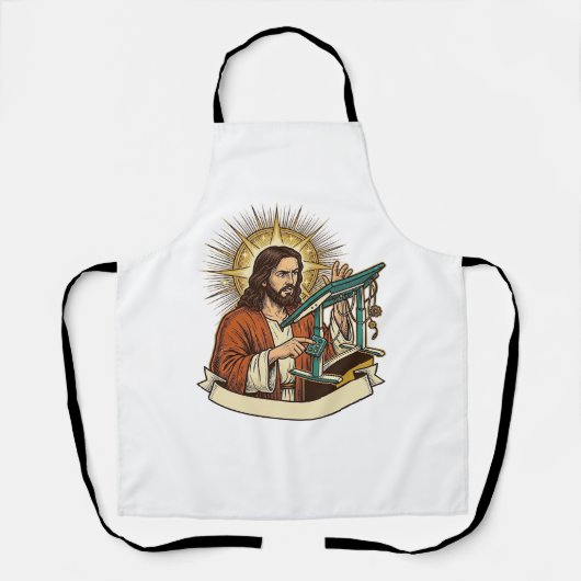 Jesus kaputter Stehschreibtisch steckt halb im Bür Schürze (Vorderseite)