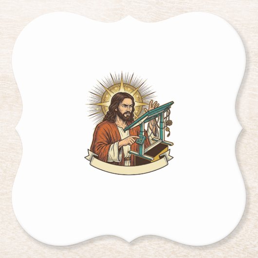 Jesus kaputter Stehschreibtisch steckt halb im Bür Untersetzer (Vorderseite)