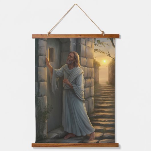 Jesus klopft an einer rustikalen Tür Wandteppich Mit Holzrahmen (Vorderseite)