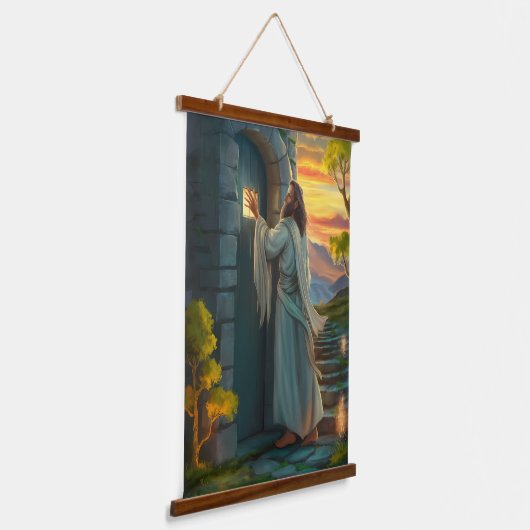 Jesus klopft an einer rustikalen Tür Wandteppich Mit Holzrahmen (Gewinkelt)