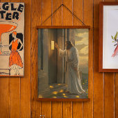 Jesus klopft an einer rustikalen Tür Wandteppich Mit Holzrahmen