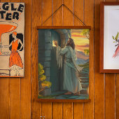 Jesus klopft an einer rustikalen Tür Wandteppich Mit Holzrahmen