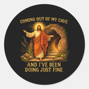Jesus kommt aus der Höhle und es geht ihm gut Runder Aufkleber