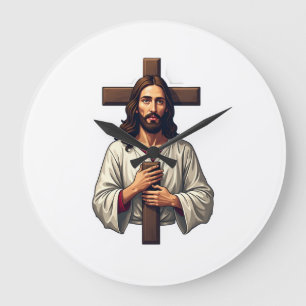 Jesus Kreuz Portrait Vintage Gravur Shirt 2 Große Wanduhr