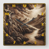 Jesus kreuzigt über Berglandschaft bei Dämmerung Quadratische Wanduhr (Vorderseite)