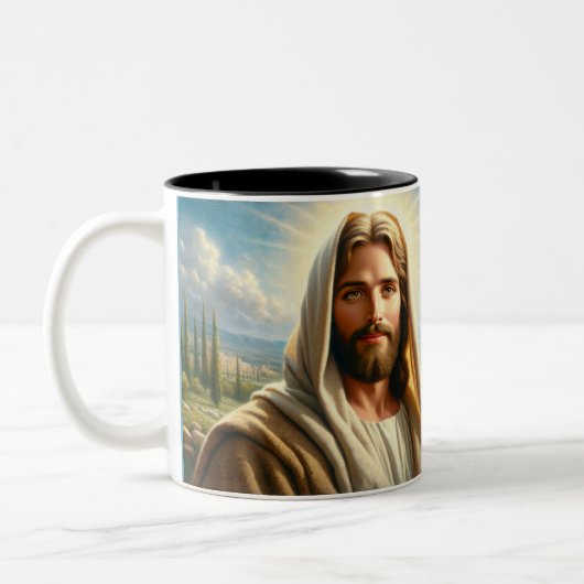 Jesus lächelt unter einem Himmlischen Himmel Zweifarbige Tasse (Links)