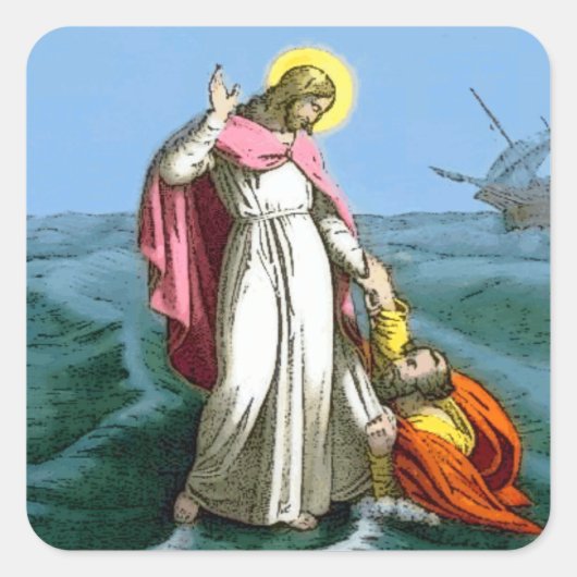 Jesus läuft auf dem Wasser Quadratischer Aufkleber (Vorderseite)