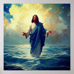 Jesus läuft auf dem Wasserplakat Poster