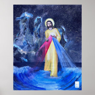 Jesus läuft mit Säulen der Schöpfung auf dem Wasse Poster