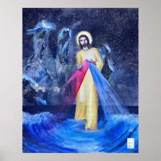 Jesus läuft mit Säulen der Schöpfung auf dem Wasse Poster