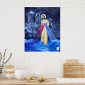 Jesus läuft mit Säulen der Schöpfung auf dem Wasse Poster (Küche)