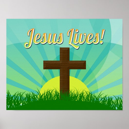 Jesus lebt blau/braun Christliches Osterkreuz Poster (Vorne)
