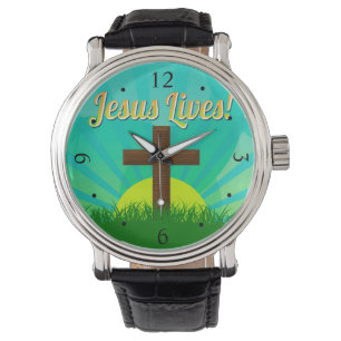 Jesus lebt Blau/christliches Ostern Kreuz Browns Armbanduhr
